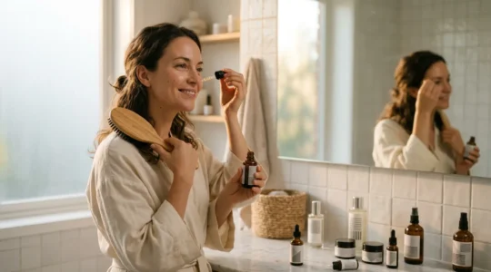 Mujer aplicando sérum facial con reloj circadiano visible en el fondo mientras peina su cabello