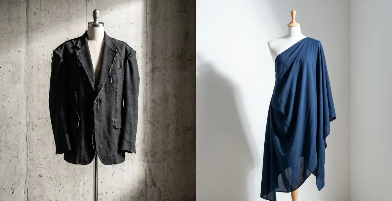 Comparación visual entre americana deconstruida y vestido asimétrico japonés en maniquíes