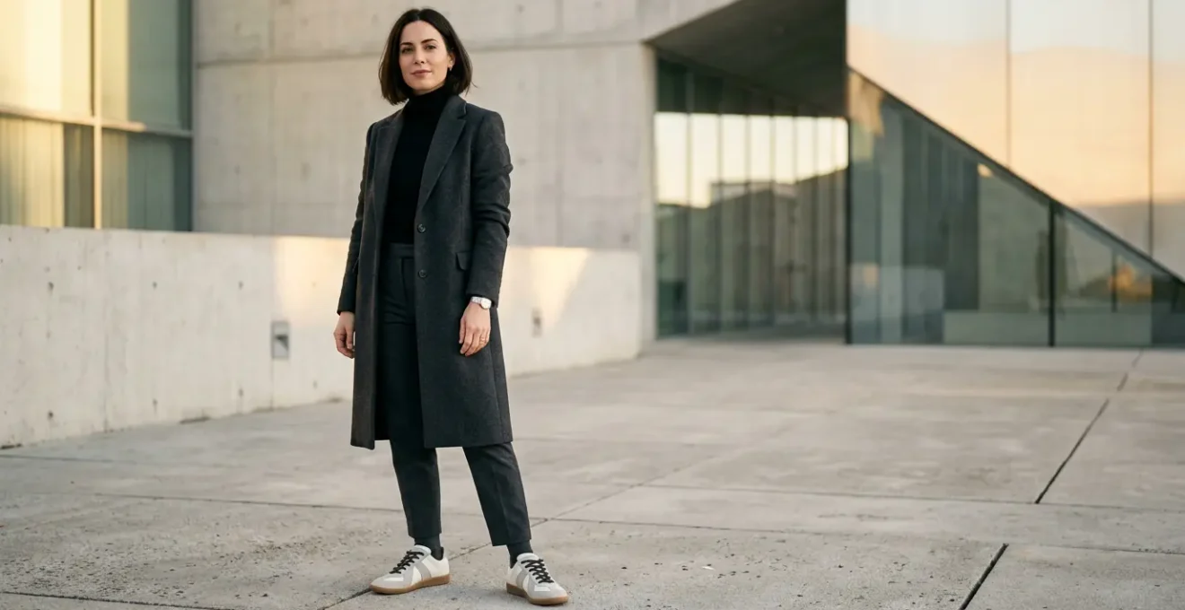 Look streetwear de lujo con zapatillas edición limitada y abrigo sastre en ambiente urbano elegante