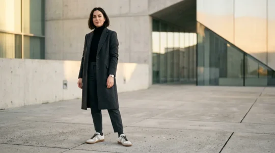 Look streetwear de lujo con zapatillas edición limitada y abrigo sastre en ambiente urbano elegante