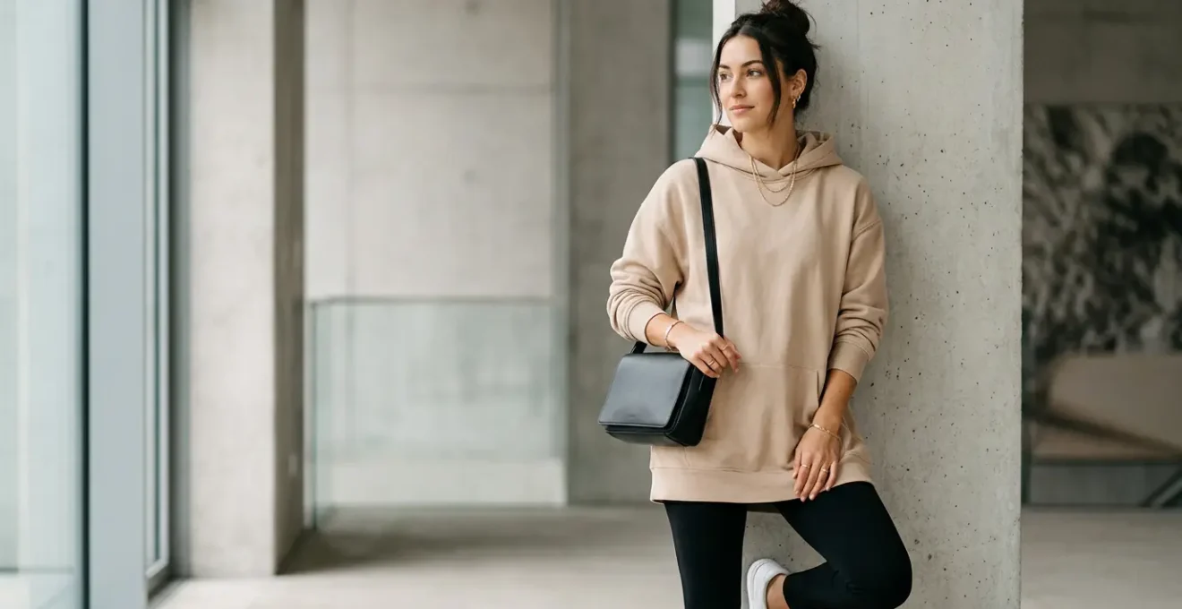 Mujer joven con sudadera oversize beige combinada con accesorios elegantes en un entorno urbano minimalista
