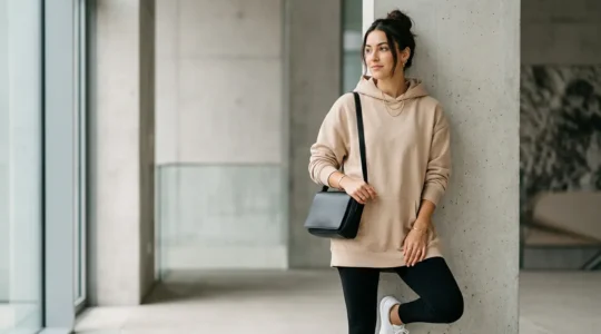 Mujer joven con sudadera oversize beige combinada con accesorios elegantes en un entorno urbano minimalista