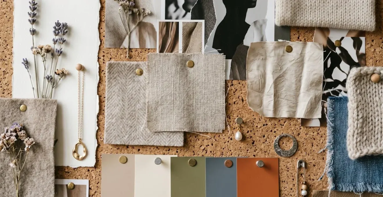 Moodboard físico con recortes de moda, texturas y paleta de colores personales