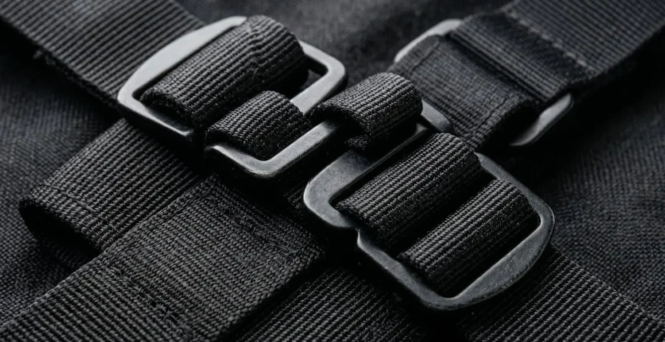Detalle macro de correas de mochila plegadas con técnica origami