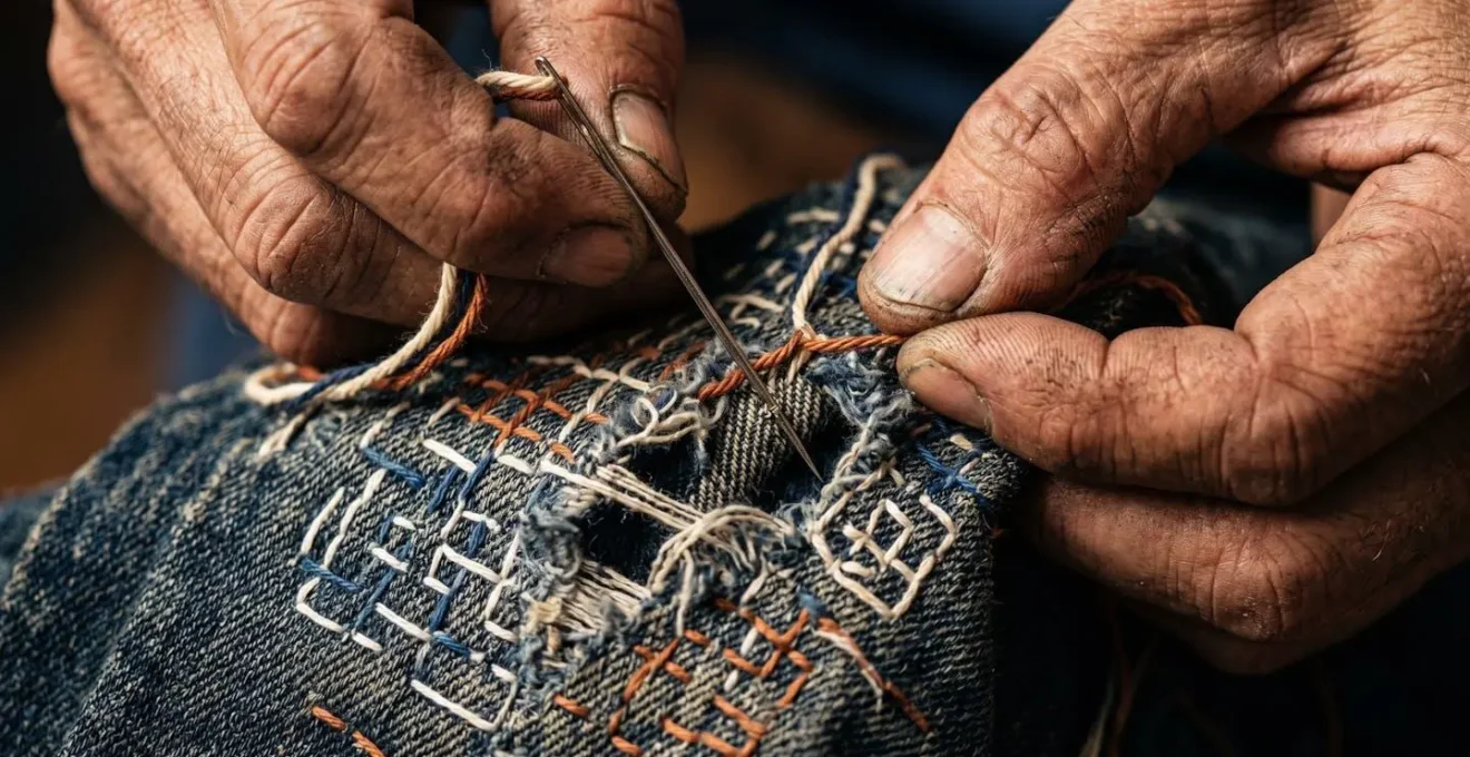 Manos reparando vaqueros con técnica de bordado tradicional