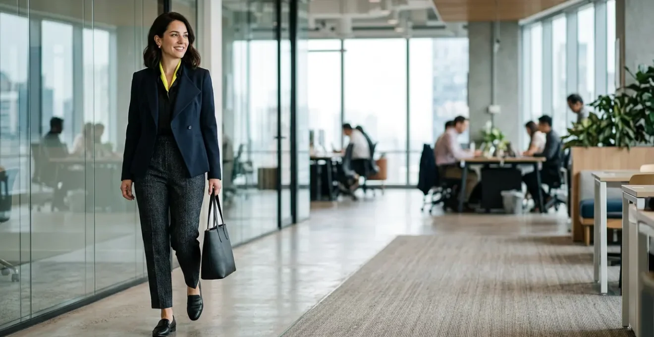 Mujer profesional en oficina moderna con tres prendas de tendencia integradas en su look ejecutivo