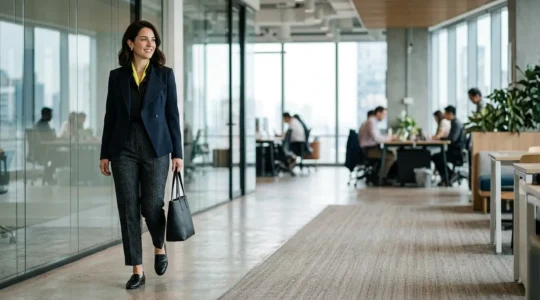 Mujer profesional en oficina moderna con tres prendas de tendencia integradas en su look ejecutivo