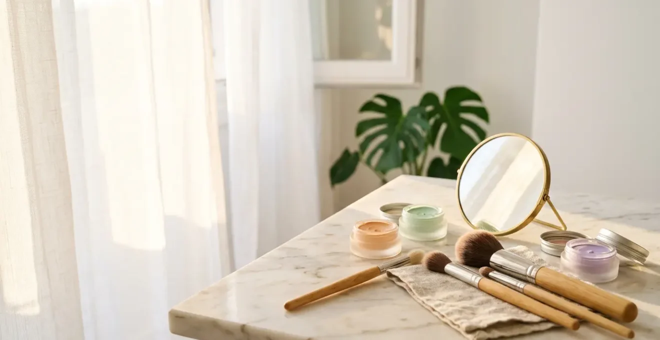 Mesa de maquillador con correctores de colores para ojeras y rojeces en tonos melocotón y verde menta