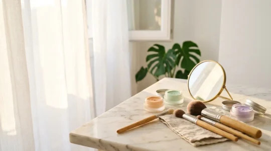 Mesa de maquillador con correctores de colores para ojeras y rojeces en tonos melocotón y verde menta