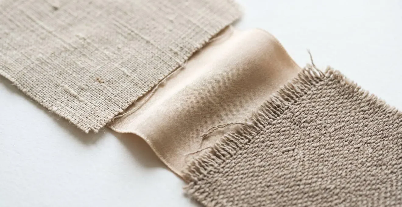 Composición de tres tejidos beige en diferentes texturas sobre superficie neutra