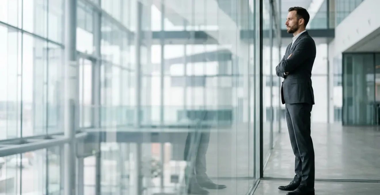 Ejecutivo con traje minimalista de líneas limpias en ambiente de oficina moderna