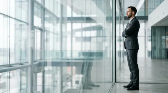 Ejecutivo con traje minimalista de líneas limpias en ambiente de oficina moderna