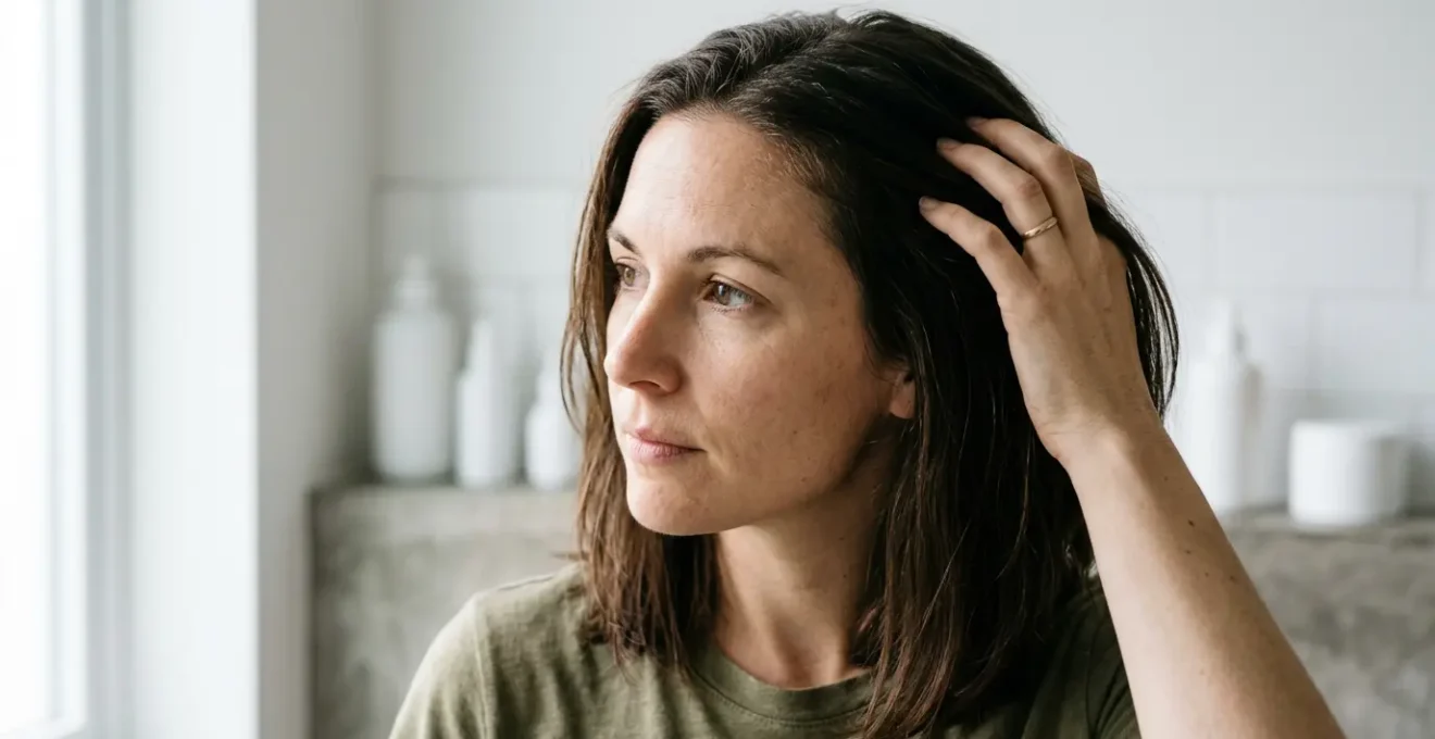 Mujer en transición capilar con diferentes texturas de cabello mostrando el proceso de adaptación