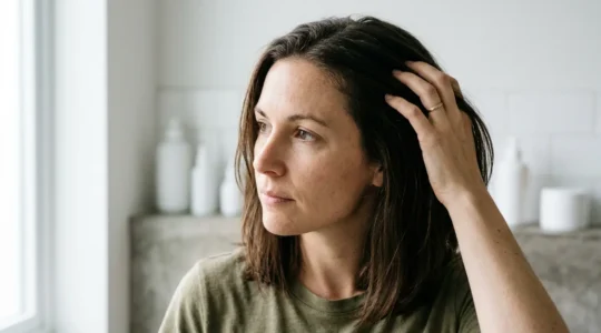 Mujer en transición capilar con diferentes texturas de cabello mostrando el proceso de adaptación