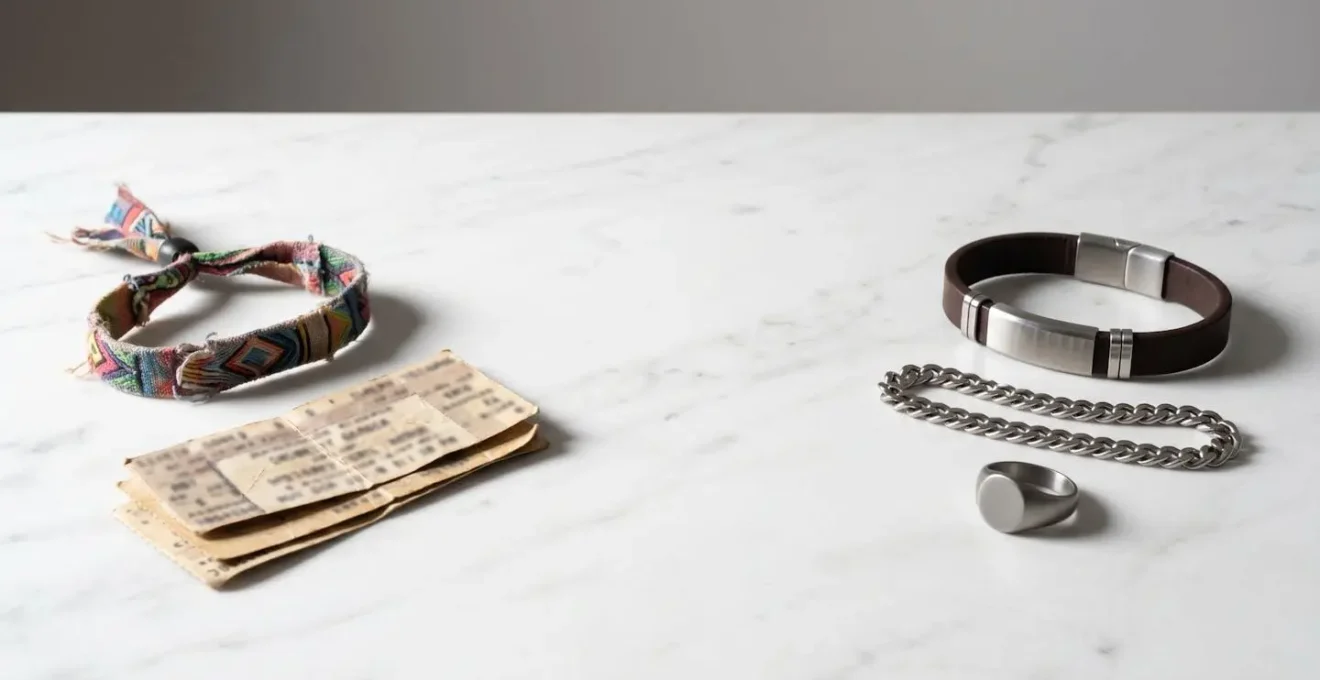 Composición minimalista mostrando la transición de pulseras de festival a joyería masculina adulta