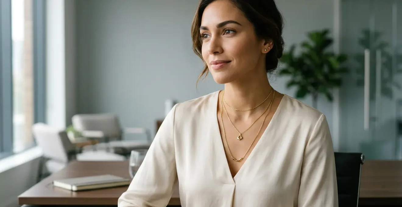 Mujer profesional con tres collares superpuestos de diferentes longitudes en entorno de oficina moderna