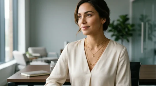 Mujer profesional con tres collares superpuestos de diferentes longitudes en entorno de oficina moderna