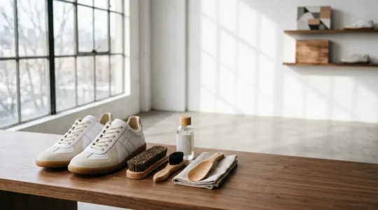 Zapatillas de edición limitada siendo cuidadas meticulosamente con productos profesionales de limpieza