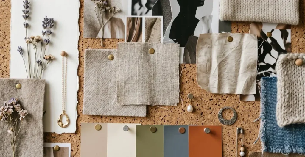 Moodboard físico con recortes de moda, texturas y paleta de colores personales Moodboard físico con recortes de moda, texturas y paleta de colores personales